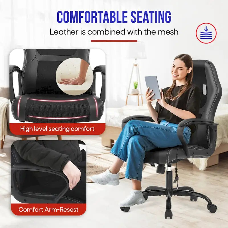 Chaise de bureau pivotante ergonomique moderne noire, réglable en hauteur, avec massage lombaire vibrant