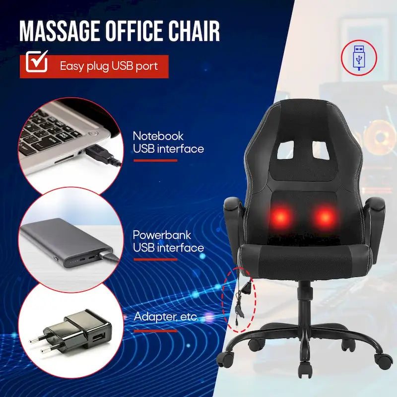 Chaise de bureau pivotante ergonomique moderne noire, réglable en hauteur, avec massage lombaire vibrant
