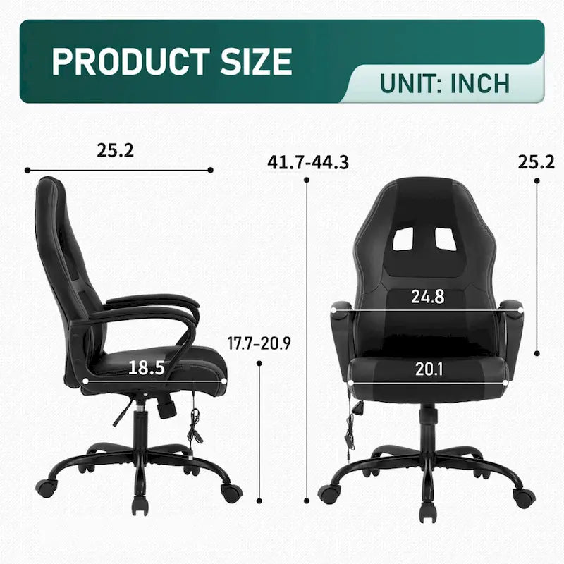 Chaise de bureau pivotante ergonomique moderne noire, réglable en hauteur, avec massage lombaire vibrant