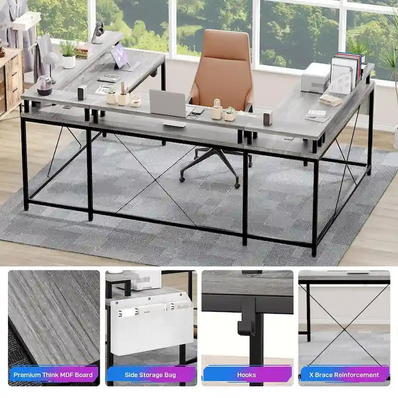 Grand bureau d'ordinateur en forme réversible avec prises de courant