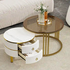 Table basse ronde empilable avec 2 tiroirs, tables gigognes modernes