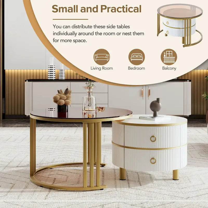 Table basse ronde empilable avec 2 tiroirs, tables gigognes modernes