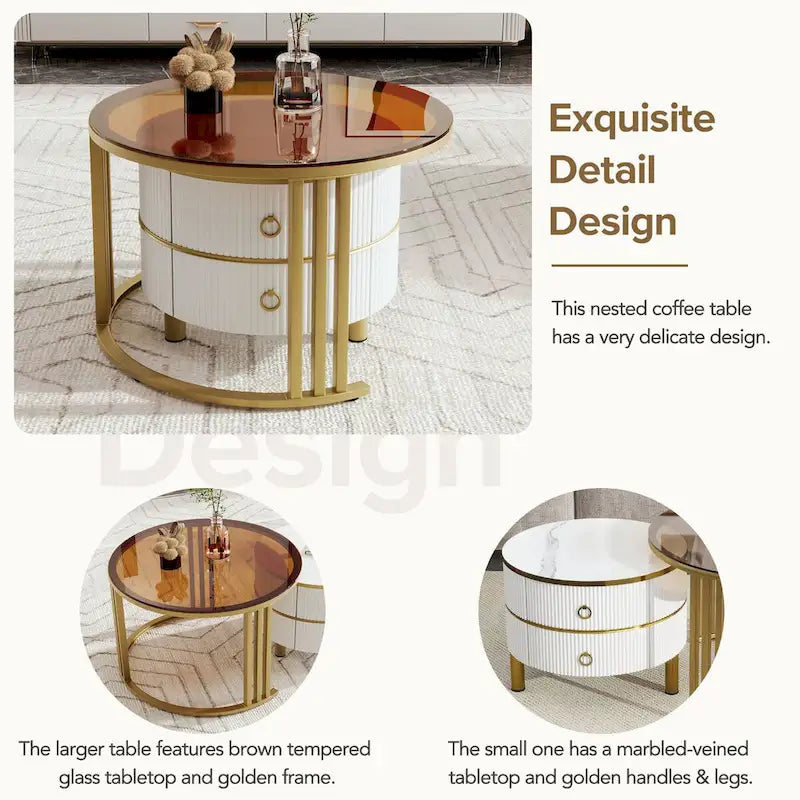 Table basse ronde empilable avec 2 tiroirs, tables gigognes modernes
