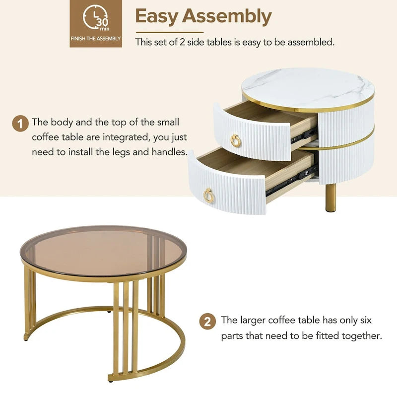 Table basse ronde empilable avec 2 tiroirs, tables gigognes modernes