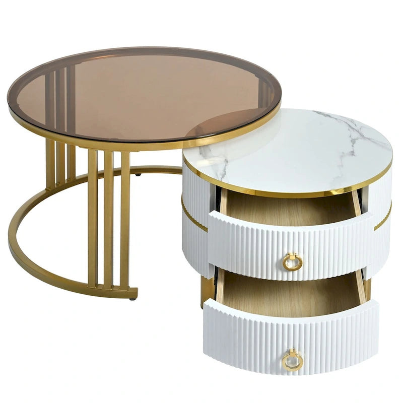 Table basse ronde empilable avec 2 tiroirs, tables gigognes modernes