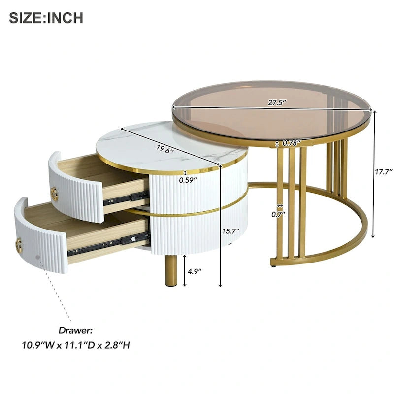 Table basse ronde empilable avec 2 tiroirs, tables gigognes modernes