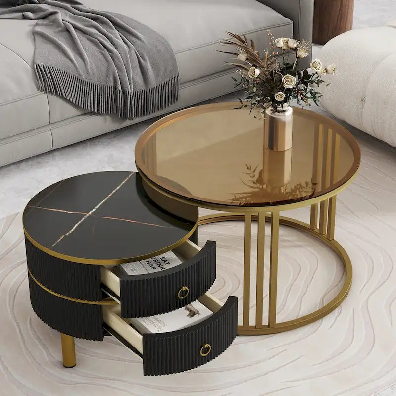 Table basse ronde empilable avec 2 tiroirs, tables gigognes modernes