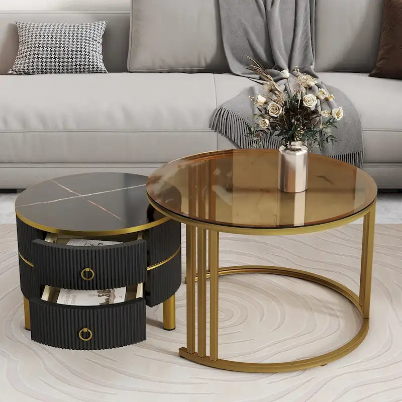 Table basse ronde empilable avec 2 tiroirs, tables gigognes modernes
