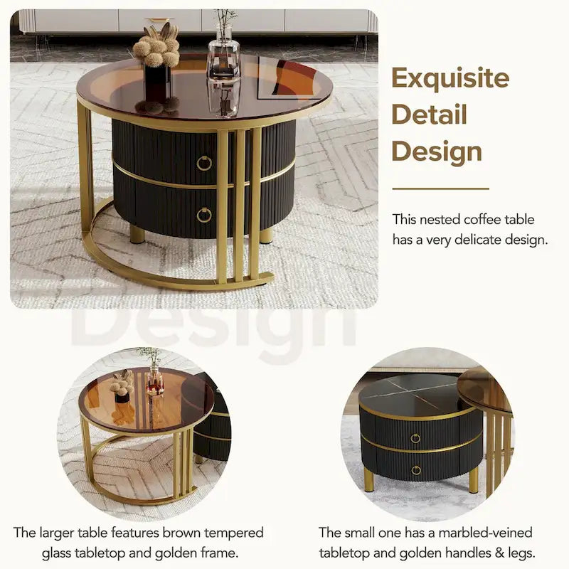 Table basse ronde empilable avec 2 tiroirs, tables gigognes modernes