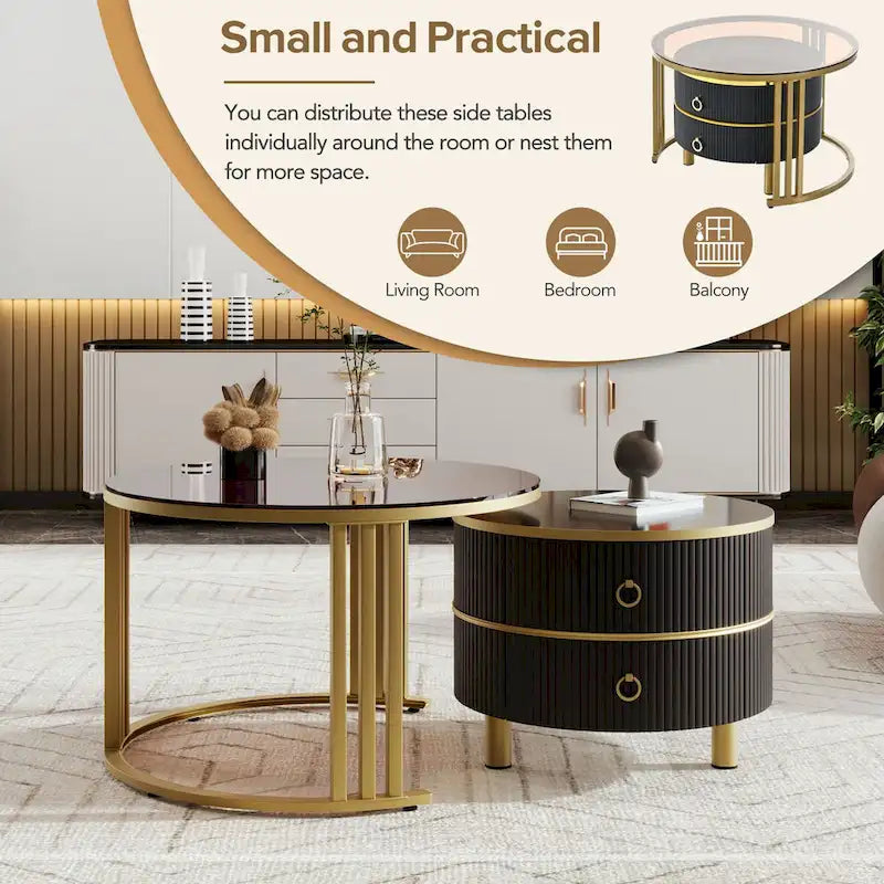 Table basse ronde empilable avec 2 tiroirs, tables gigognes modernes