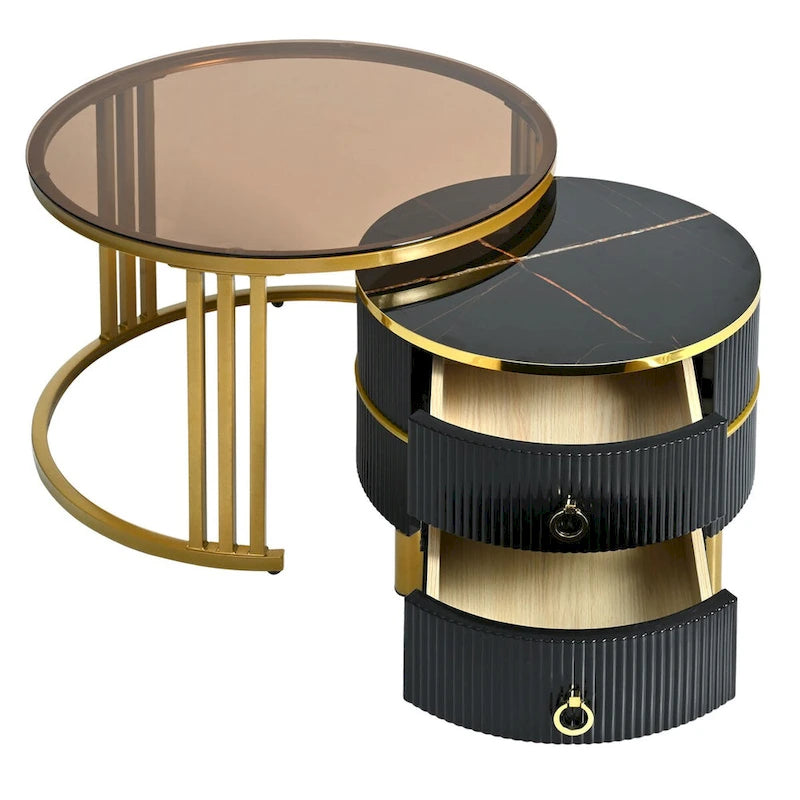 Table basse ronde empilable avec 2 tiroirs, tables gigognes modernes