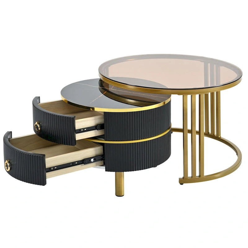Table basse ronde empilable avec 2 tiroirs, tables gigognes modernes
