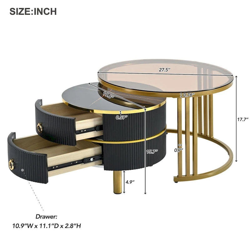 Table basse ronde empilable avec 2 tiroirs, tables gigognes modernes