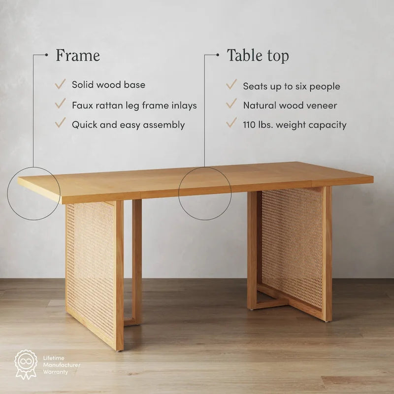 Table à manger bohème Willow pour 6 personnes avec pieds en bois massif, table à manger avec accent en rotin bohème
