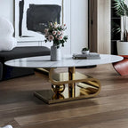 Table basse ovale moderne exquise avec plateau en pierre blanche de 51 L et base en métal doré