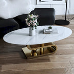 Table basse ovale moderne exquise avec plateau en pierre blanche de 51 L et base en métal doré