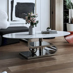 Table basse ovale moderne exquise avec plateau en pierre blanche de 51 L et base en métal doré