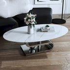 Table basse ovale moderne exquise avec plateau en pierre blanche de 51 L et base en métal doré