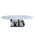 Table basse ovale moderne exquise avec plateau en pierre blanche de 51 L et base en métal doré